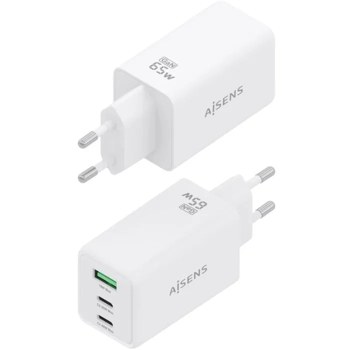 Aisens Cargador GaN 65W con 2x USB-C y 1x USB-A, Blanco